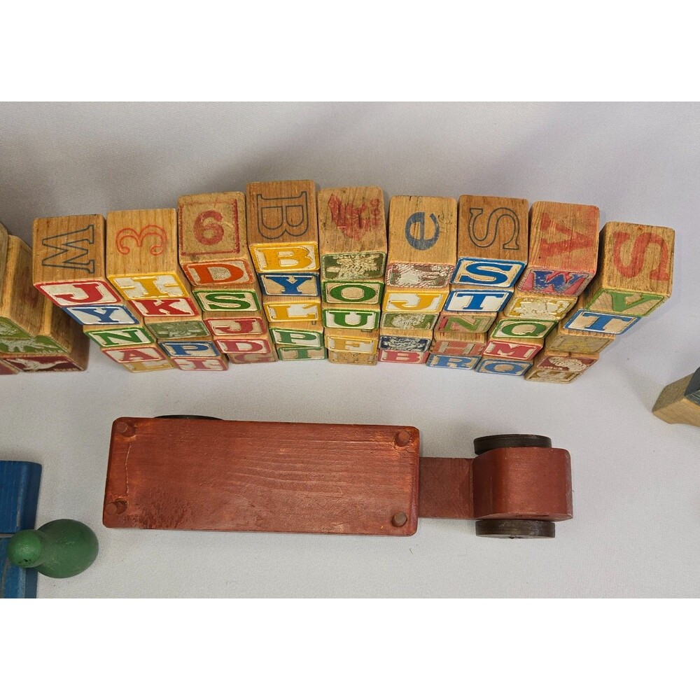 Vintage Letter Character Wood Block Truck Car Lot 110 Blocks 2 Cars Raggedy Ann - Picture 14 of 16